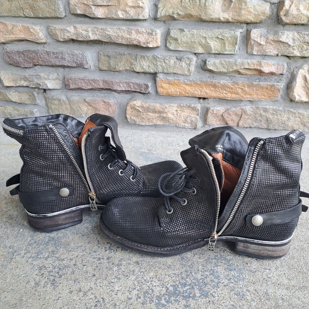 A.S. 98 Black Metallic Venezia Leather Ankle Boot Lace Up & Zip Sz 40 Moto Punk - Picture 2 of 16